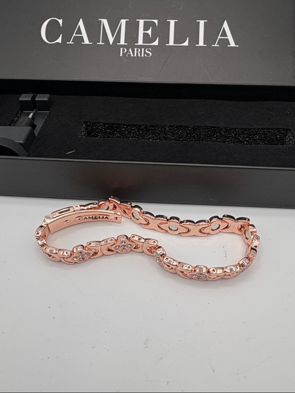 Camellia Paris Rose Gold Floral Link Bracelet with Crystal Accents